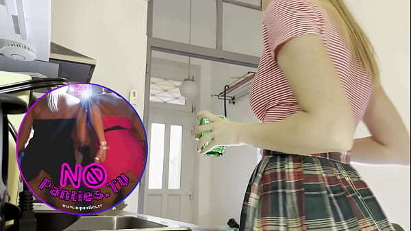 Super hot beautiful new wife takes her g-string dental floss thong off under her mini college skirt in the kitchen to flash pussy and ass